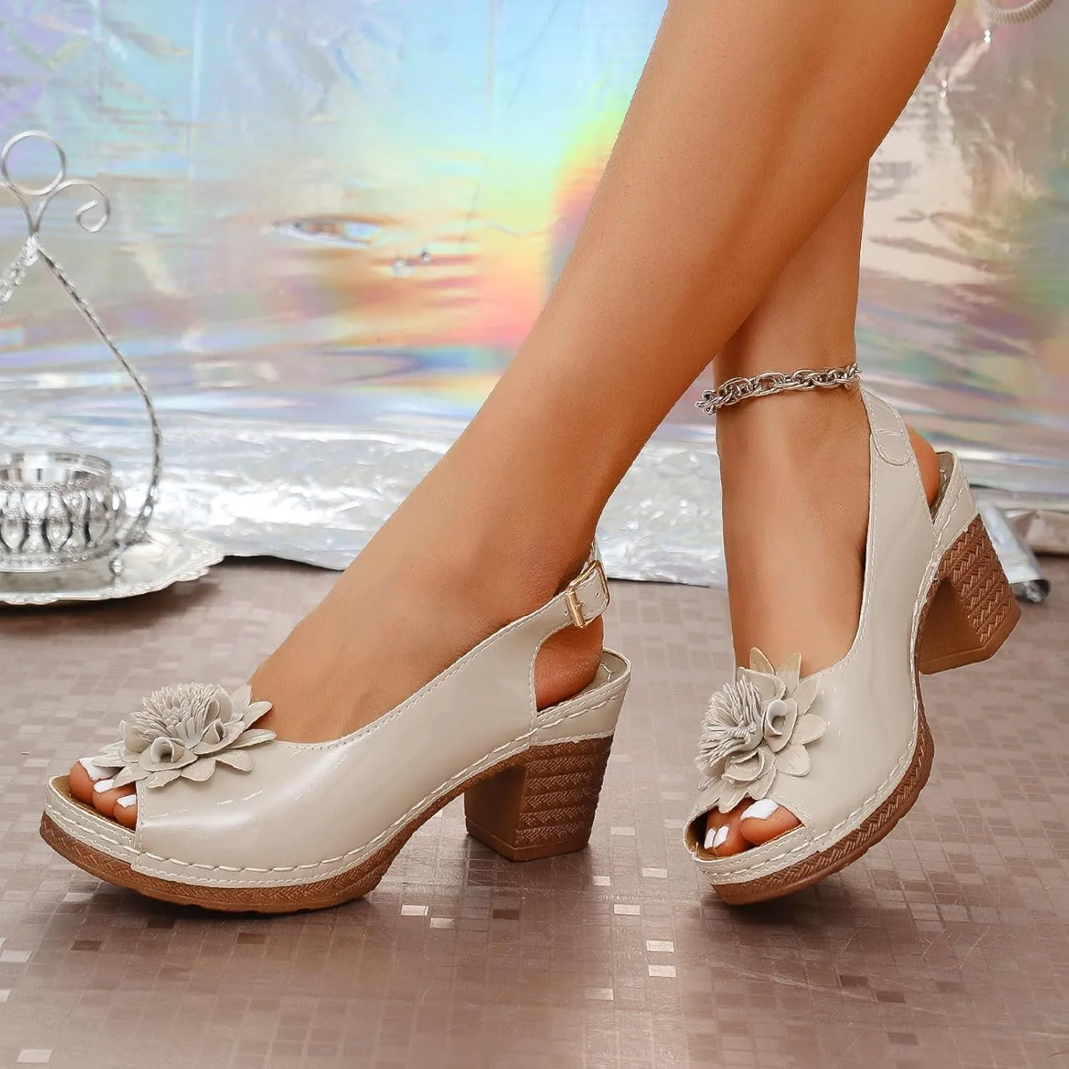 Women's Platform Wedge Sandals Elegant Chunky Heel Sandals Open Toe Mid Heel Platform Shoes Comfortable Slip On Shoes Dressy Office Party Sandal with Adjustable Buckle Strap