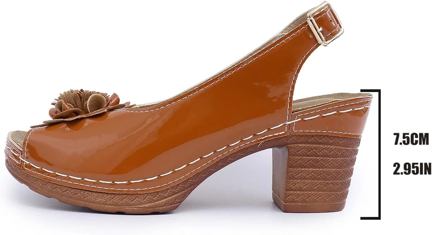 Women's Platform Wedge Sandals Elegant Chunky Heel Sandals Open Toe Mid Heel Platform Shoes Comfortable Slip On Shoes Dressy Office Party Sandal with Adjustable Buckle Strap