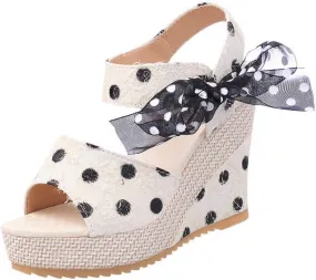 Women's Platform Wedge Sandals Floral Fish Toe Boho Wedge Sandals Floral Bow Tie Ankle Strap Shoes Slip-on Elasticated Ankle Strap Sandal
