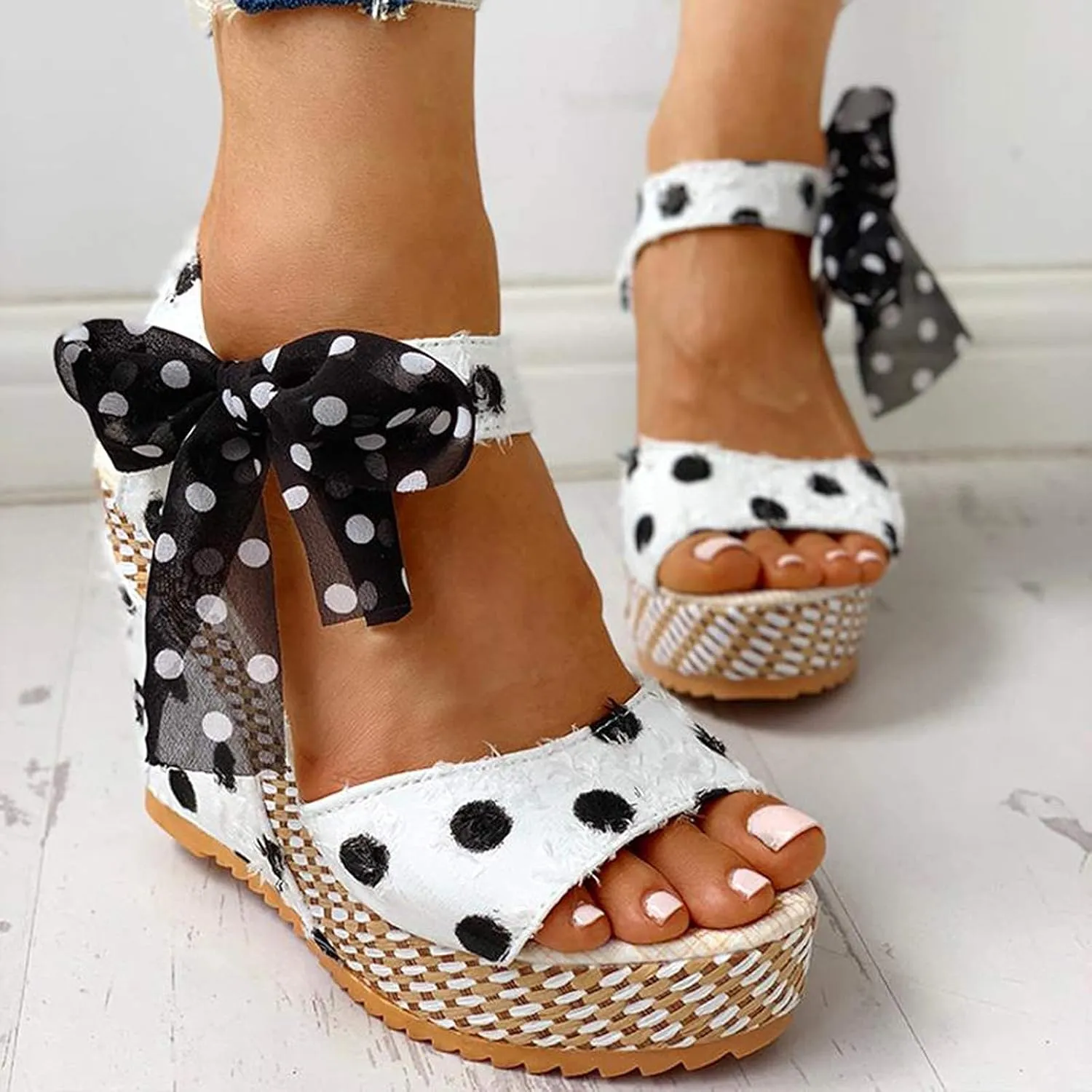 Women's Platform Wedge Sandals Floral Fish Toe Boho Wedge Sandals Floral Bow Tie Ankle Strap Shoes Slip-on Elasticated Ankle Strap Sandal
