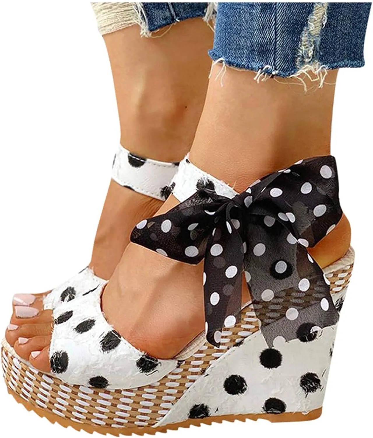 Women's Platform Wedge Sandals Floral Fish Toe Boho Wedge Sandals Floral Bow Tie Ankle Strap Shoes Slip-on Elasticated Ankle Strap Sandal
