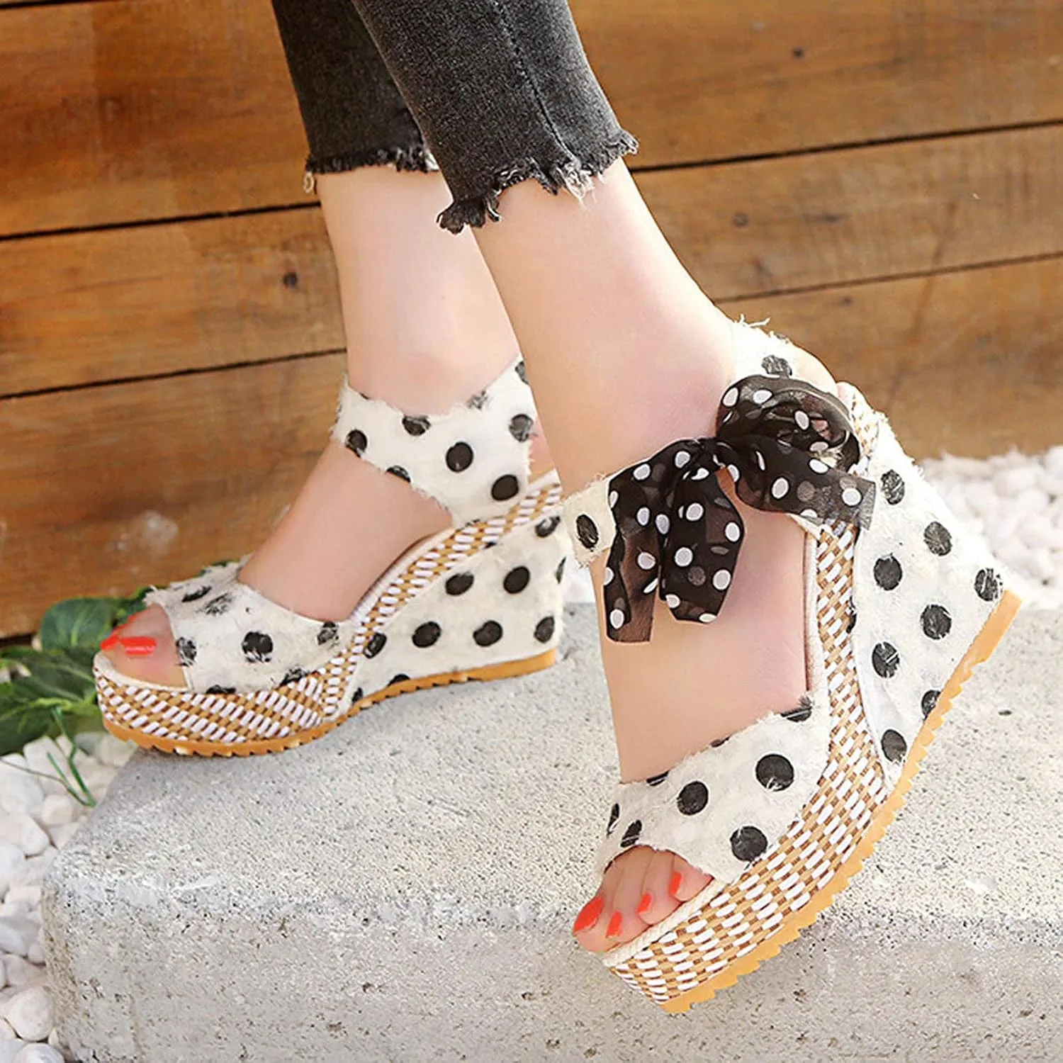 Women's Platform Wedge Sandals Floral Fish Toe Boho Wedge Sandals Floral Bow Tie Ankle Strap Shoes Slip-on Elasticated Ankle Strap Sandal