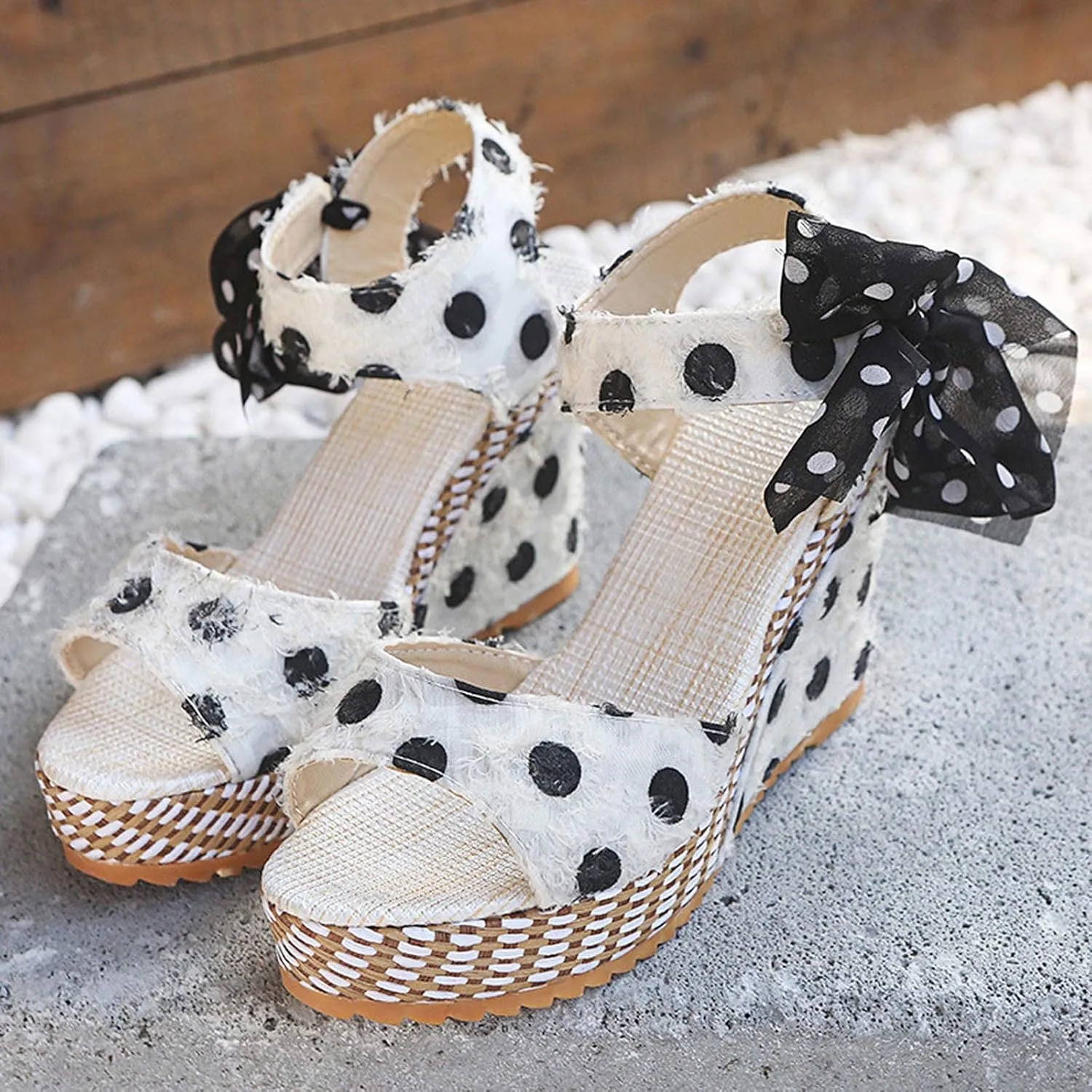 Women's Platform Wedge Sandals Floral Fish Toe Boho Wedge Sandals Floral Bow Tie Ankle Strap Shoes Slip-on Elasticated Ankle Strap Sandal