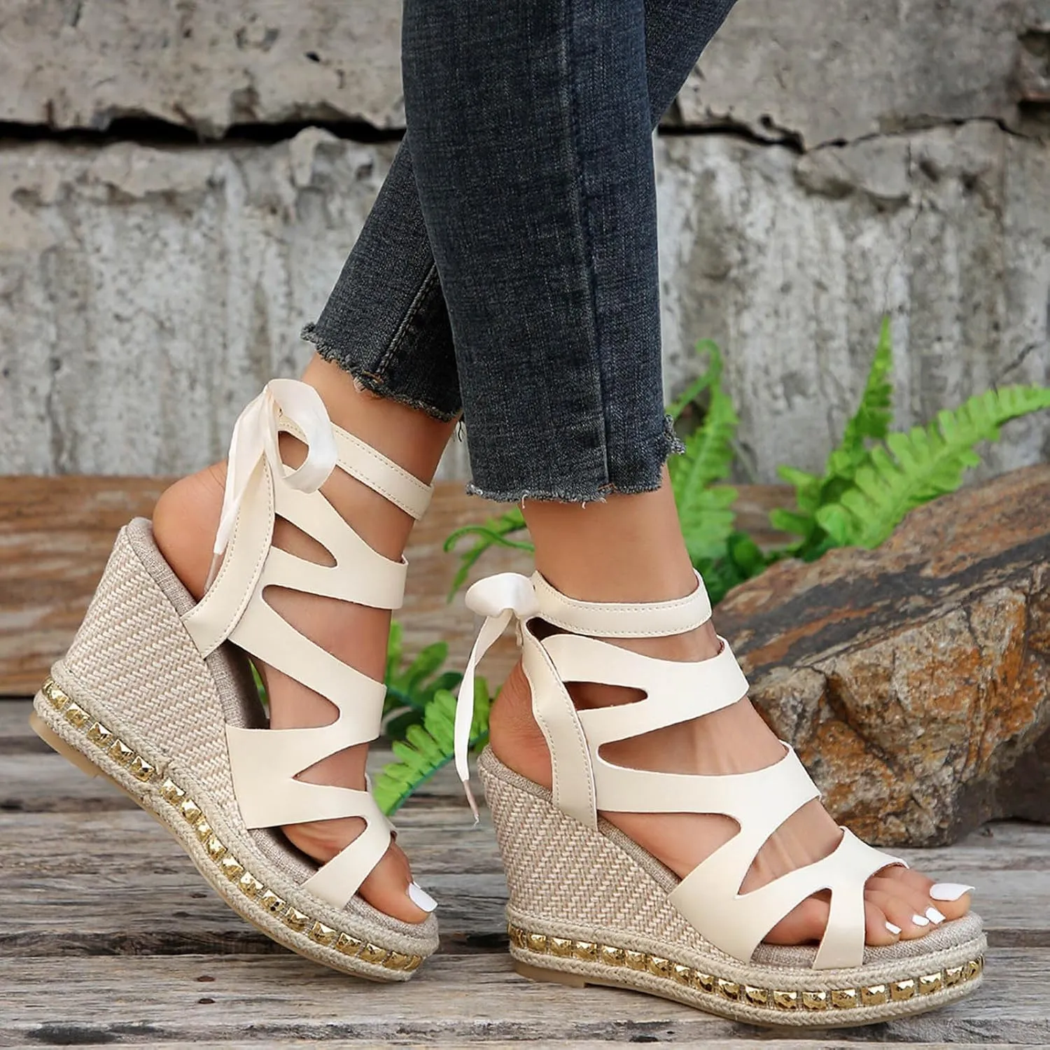 Women's Platform Wedge Sandals Women's Casual Summer Women Wedge Heels Shoes Elastic Ankle Strap Open Toe Flower Shoes
