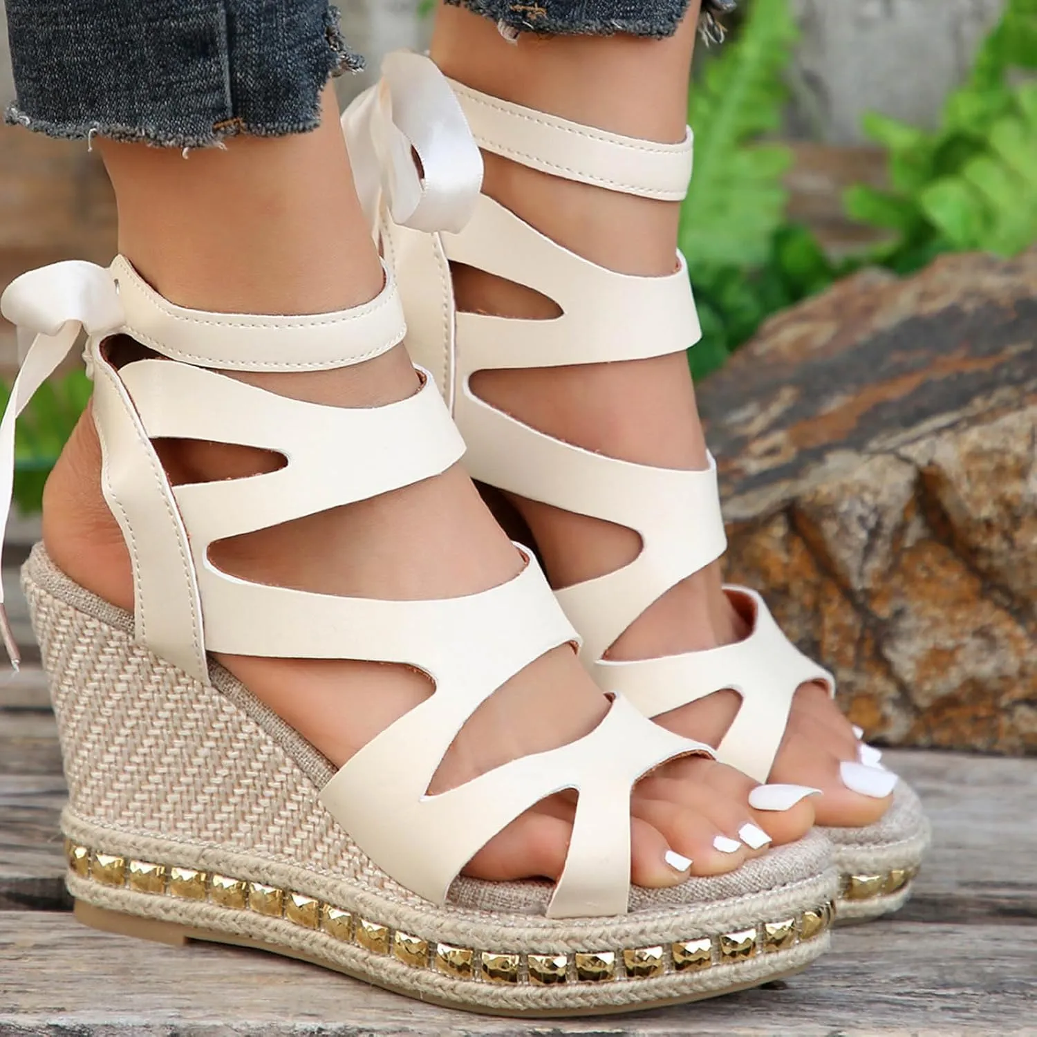 Women's Platform Wedge Sandals Women's Casual Summer Women Wedge Heels Shoes Elastic Ankle Strap Open Toe Flower Shoes