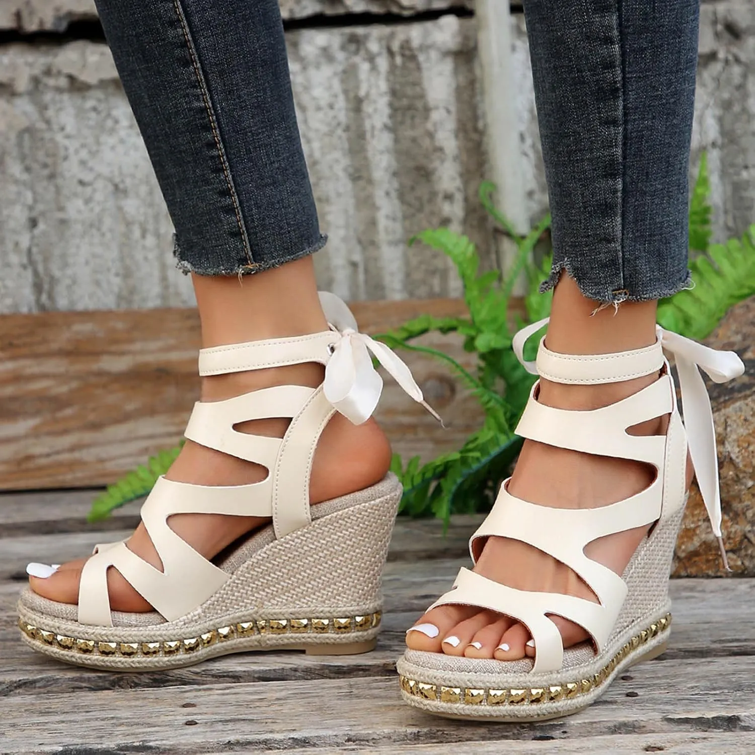 Women's Platform Wedge Sandals Women's Casual Summer Women Wedge Heels Shoes Elastic Ankle Strap Open Toe Flower Shoes
