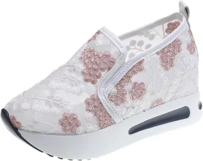 Womens Platform Wedge Sneakers Fashion Mesh Floral Embroidery Breathable Slip on Air Comfort Chunky Arch Support Walking Shoes