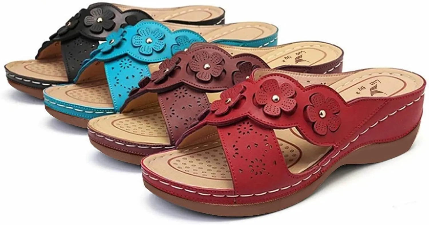 Women's Recovery Slides Fashion Flower Wedges Sandals Soft Bottom Beach Outwear Slippers with Plantar Vs Slippers