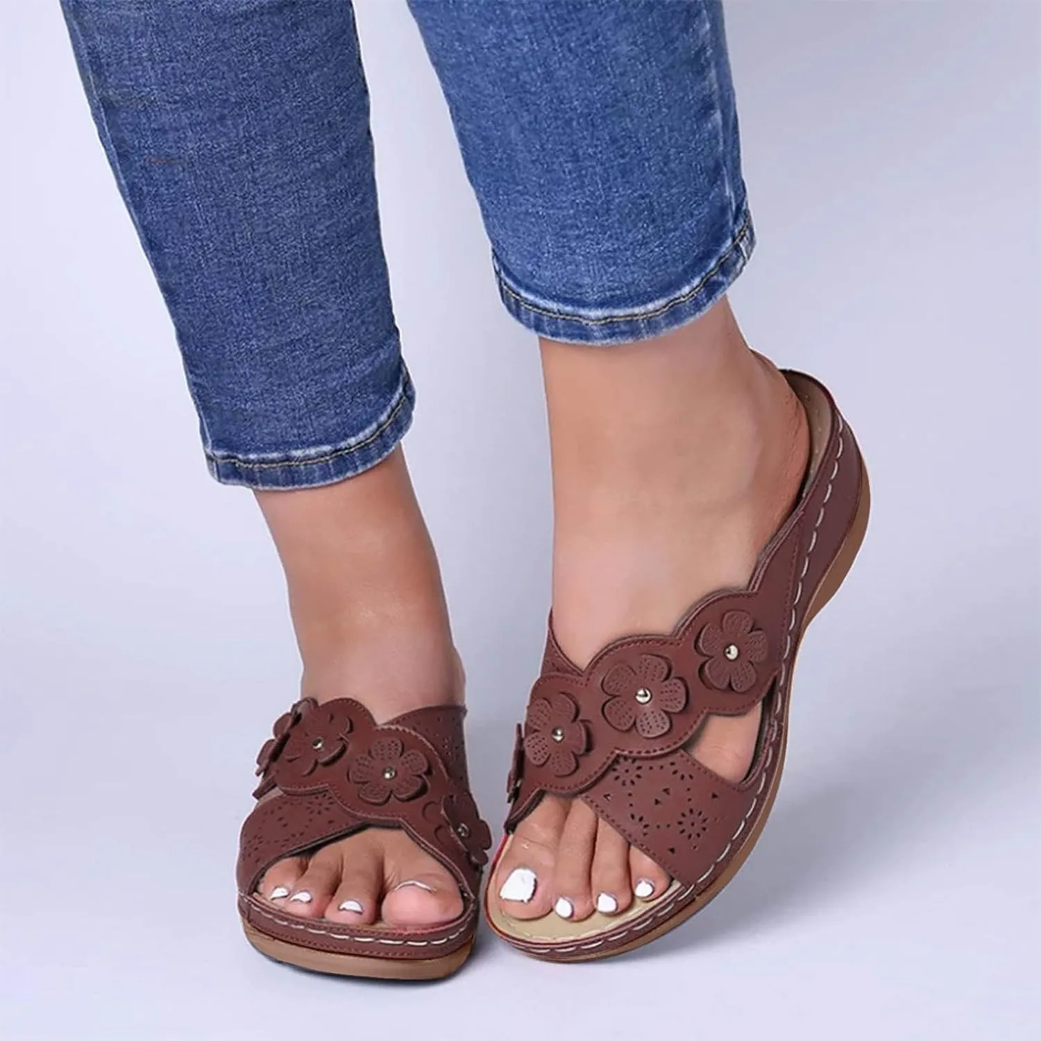 Women's Recovery Slides Fashion Flower Wedges Sandals Soft Bottom Beach Outwear Slippers with Plantar Vs Slippers