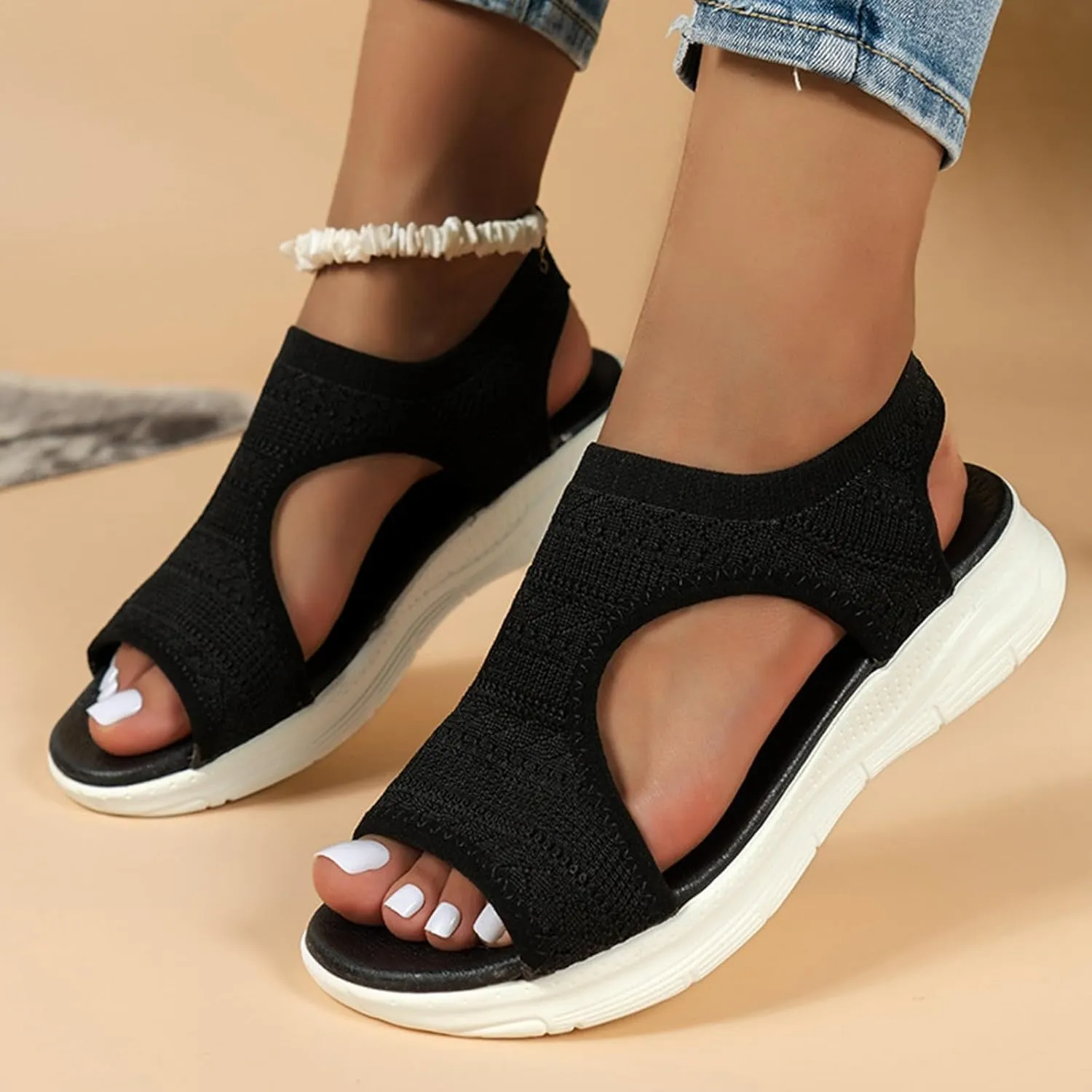Womens Sandals Comfortable Dressy Knit Hollow Out Mesh Slides Sandals Open Toe Slingback Yoga Mat Non Slip Sandal for All Occasions: Casual, Work, Party