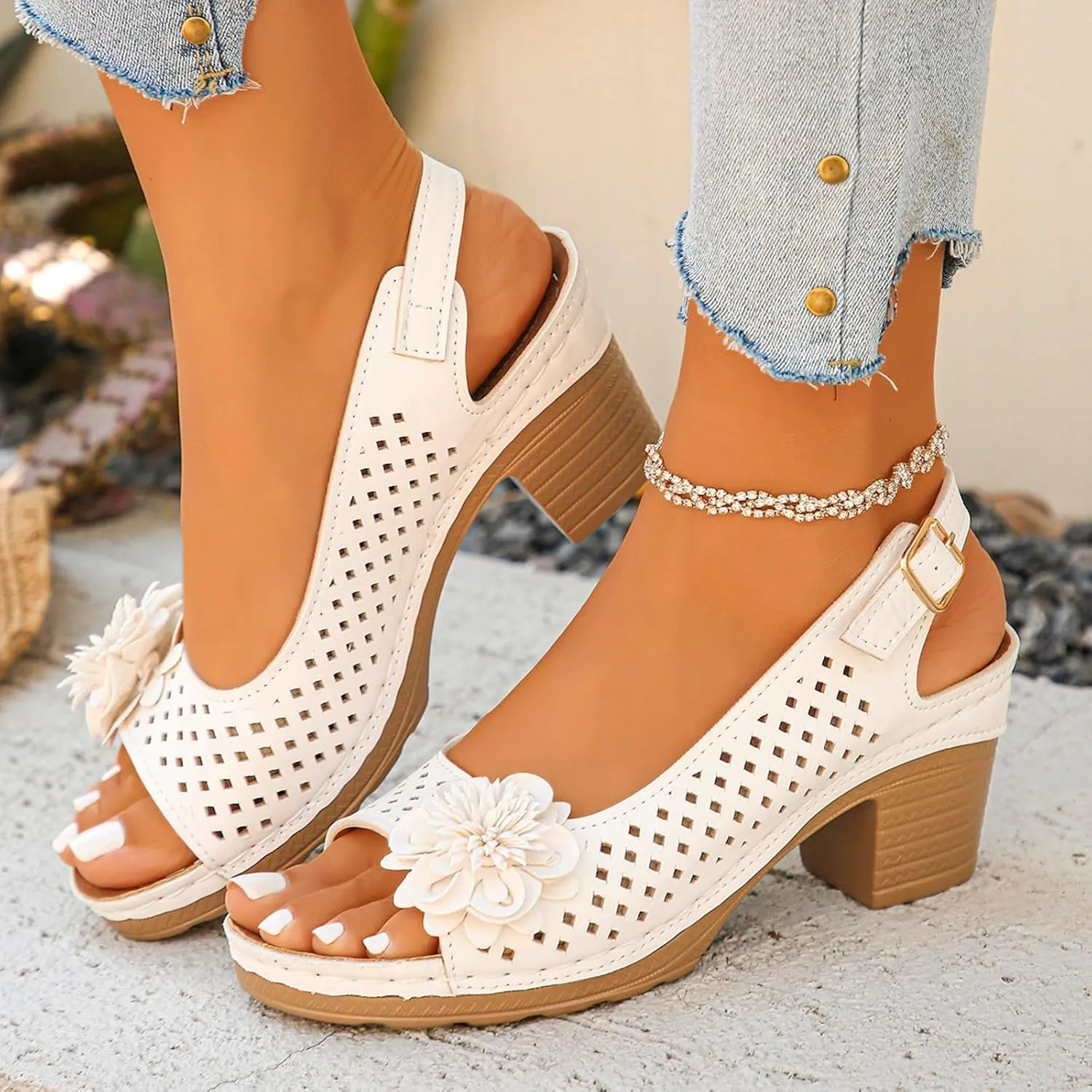 Women's Sandals High Block Heels Open Toe Ankle Buckle Sandals Peep Toe Sandal Hollow Out Platform Wedge Sandal Dressy Wedding Dance Shoes 2025