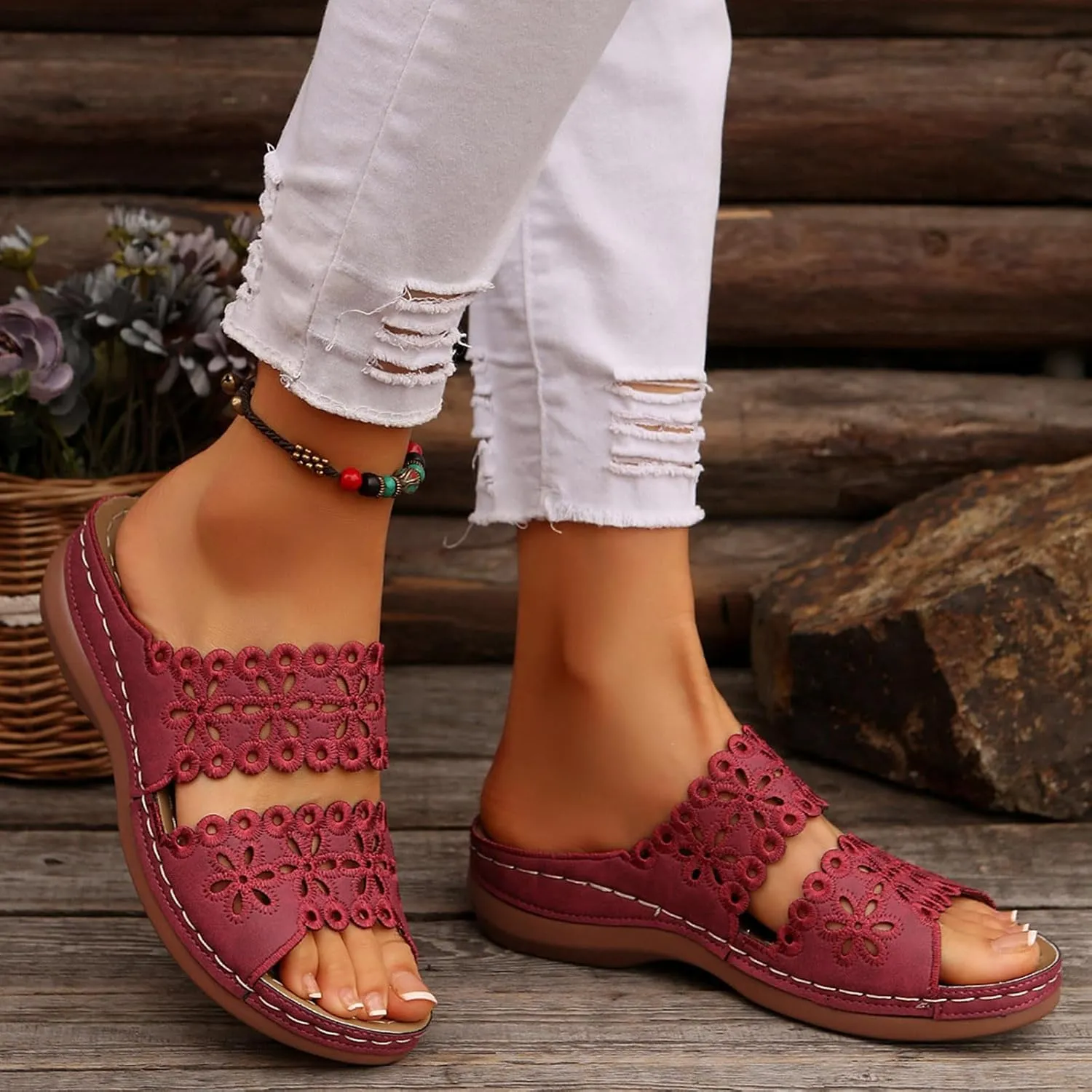Women's Sandals Open Toe Hollow Out Wedge Sandal Arch Support Slides Sandals Beach Travel Walking Shoes Orthopedic Platform Shoes Comfortable Lightweight Walking Shoe