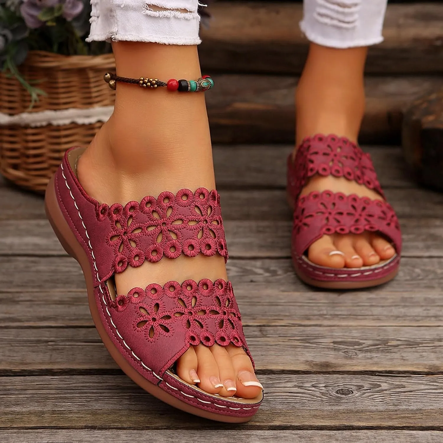 Women's Sandals Open Toe Hollow Out Wedge Sandal Arch Support Slides Sandals Beach Travel Walking Shoes Orthopedic Platform Shoes Comfortable Lightweight Walking Shoe