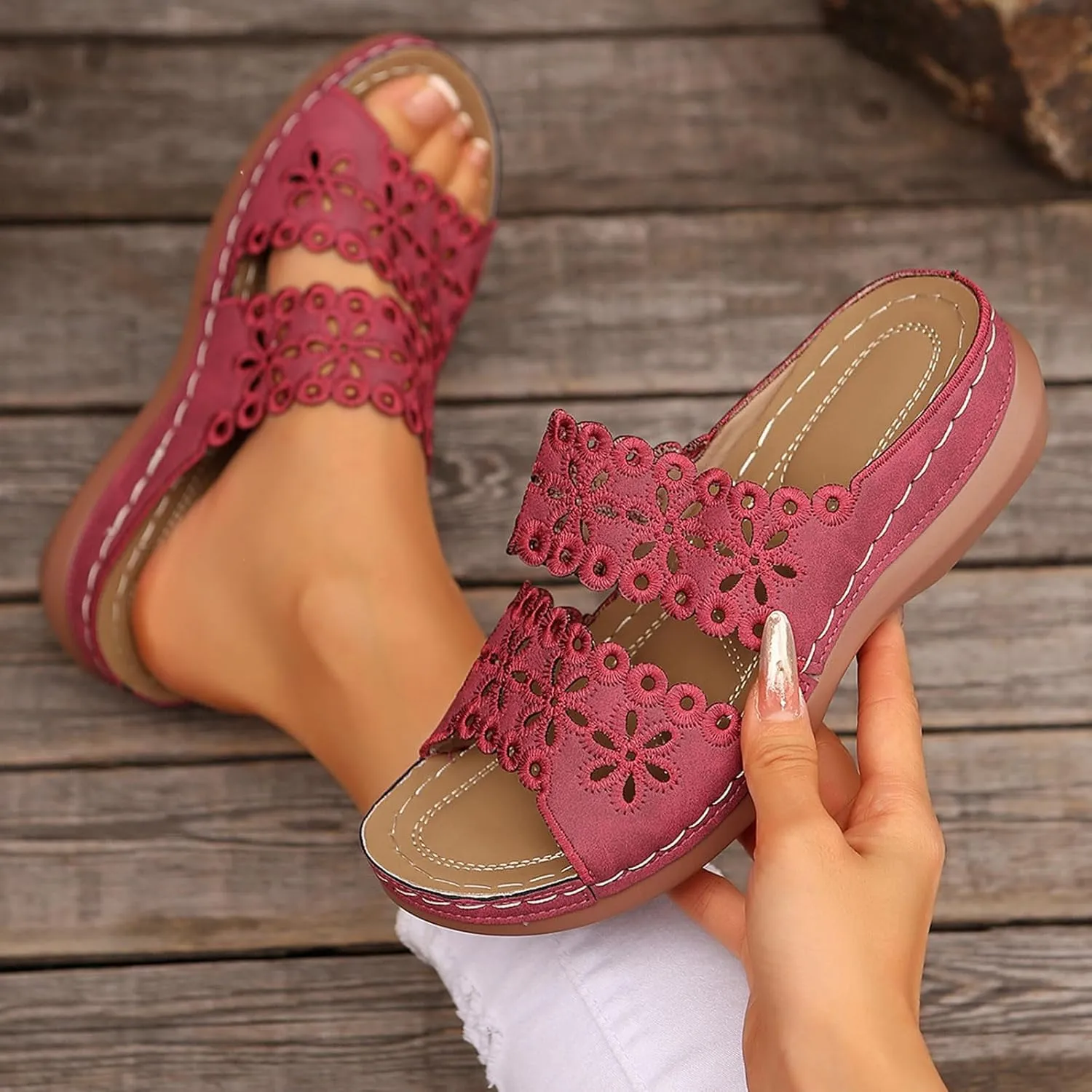 Women's Sandals Open Toe Hollow Out Wedge Sandal Arch Support Slides Sandals Beach Travel Walking Shoes Orthopedic Platform Shoes Comfortable Lightweight Walking Shoe