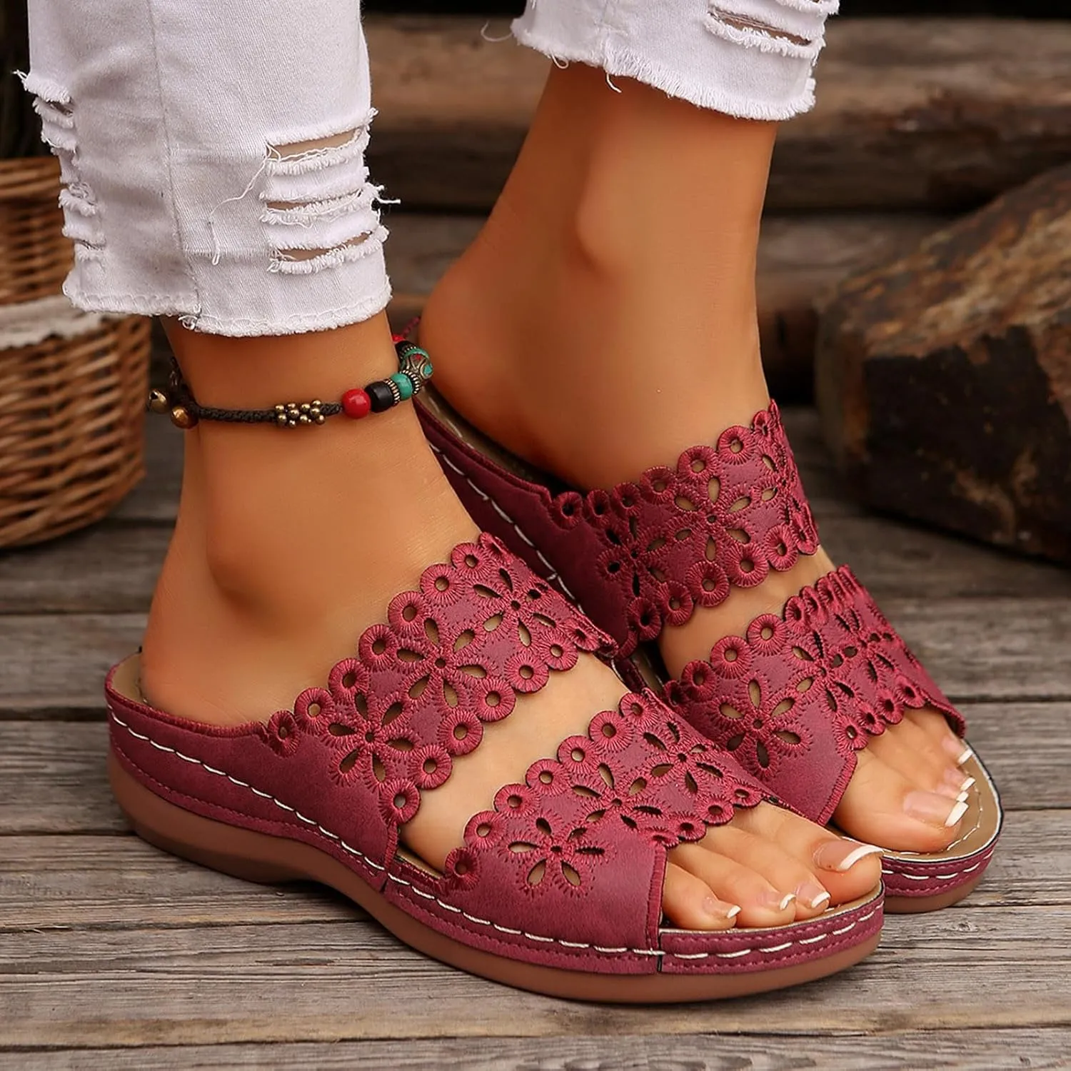 Women's Sandals Open Toe Hollow Out Wedge Sandal Arch Support Slides Sandals Beach Travel Walking Shoes Orthopedic Platform Shoes Comfortable Lightweight Walking Shoe