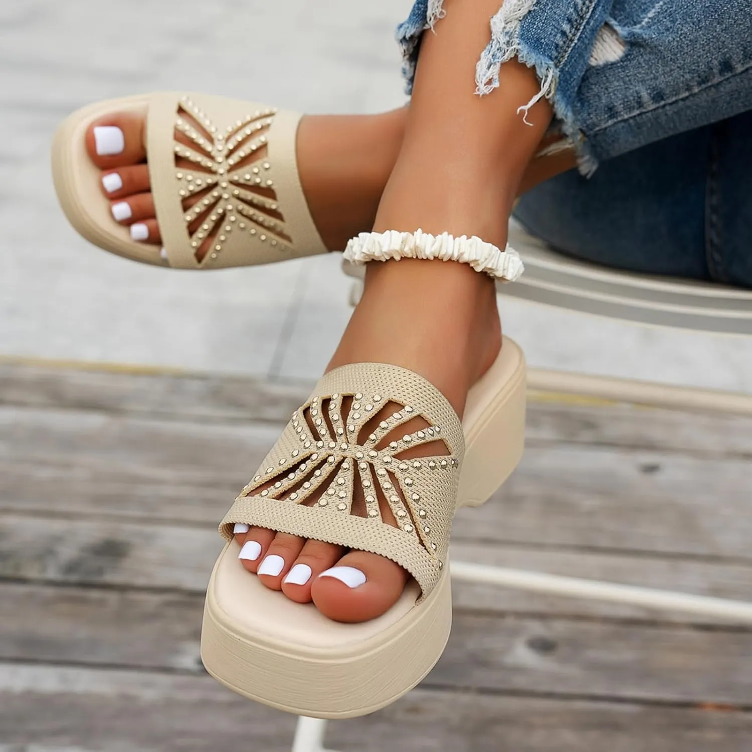 Womens Sandals Platform Wedge Sandal Slip On Open Toe High Heel Sandals Summer Casual Dressy Shoes Fashion Sandal