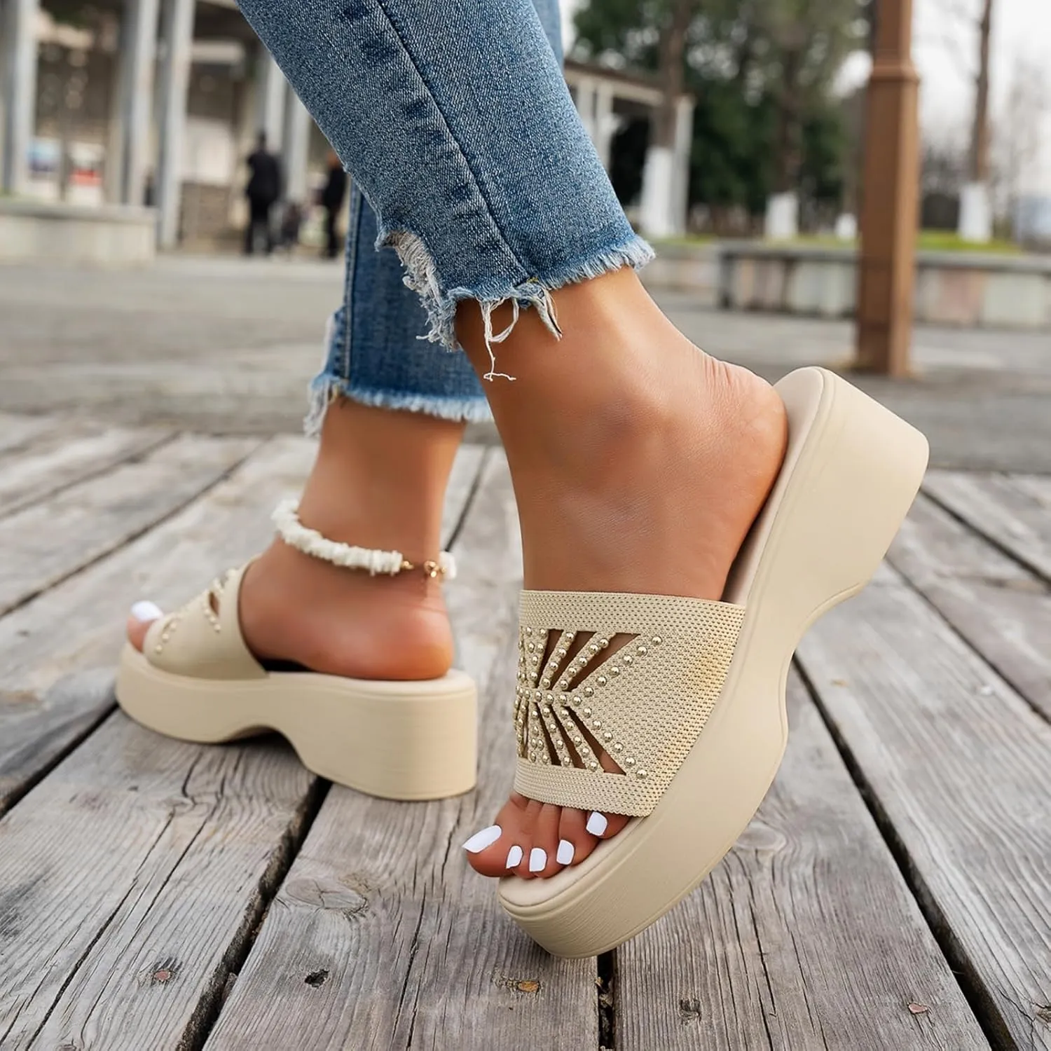 Womens Sandals Platform Wedge Sandal Slip On Open Toe High Heel Sandals Summer Casual Dressy Shoes Fashion Sandal