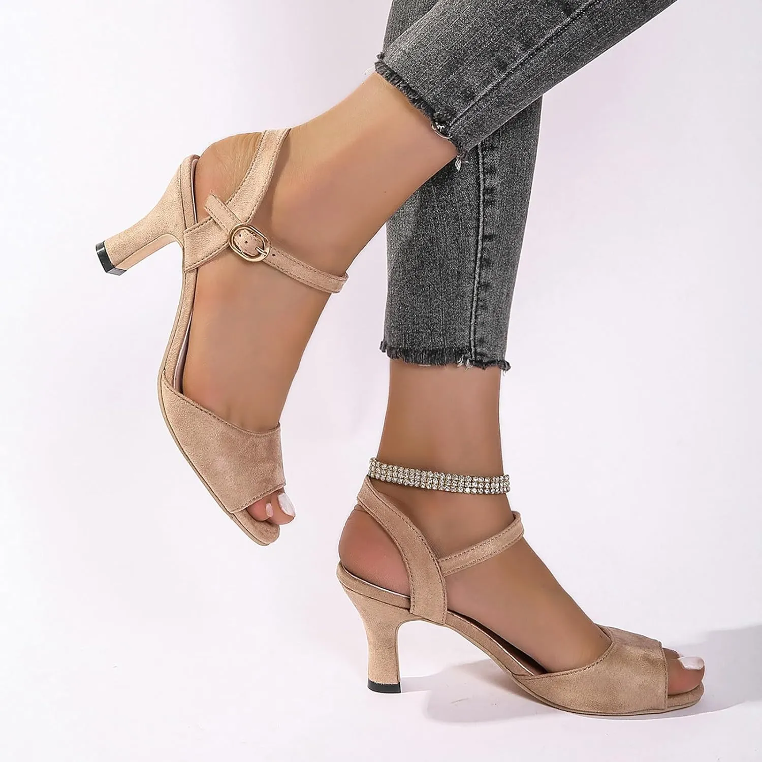 Womens Slingback Heels Sandals Square Open Toe Strappy Ankle Strap High Heeled Dressy Women's Block Chunky Low Sandal Comfortable Summer Adjustable Slippers Slip on Casual Sexy Beach Wedding Shoes