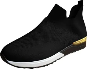 Womens Sneakers Non Slip Work Shoes Women Lightweight Breathable Knit Mesh Sock Flats Fashion Non Slip Workout Shoes for Hike Walk Yoga Dance Outdoors Black