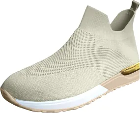 Womens Sneakers Non Slip Work Shoes Women Lightweight Breathable Knit Mesh Sock Flats Fashion Non Slip Workout Shoes for Hike Walk Yoga Dance Outdoors Khaki