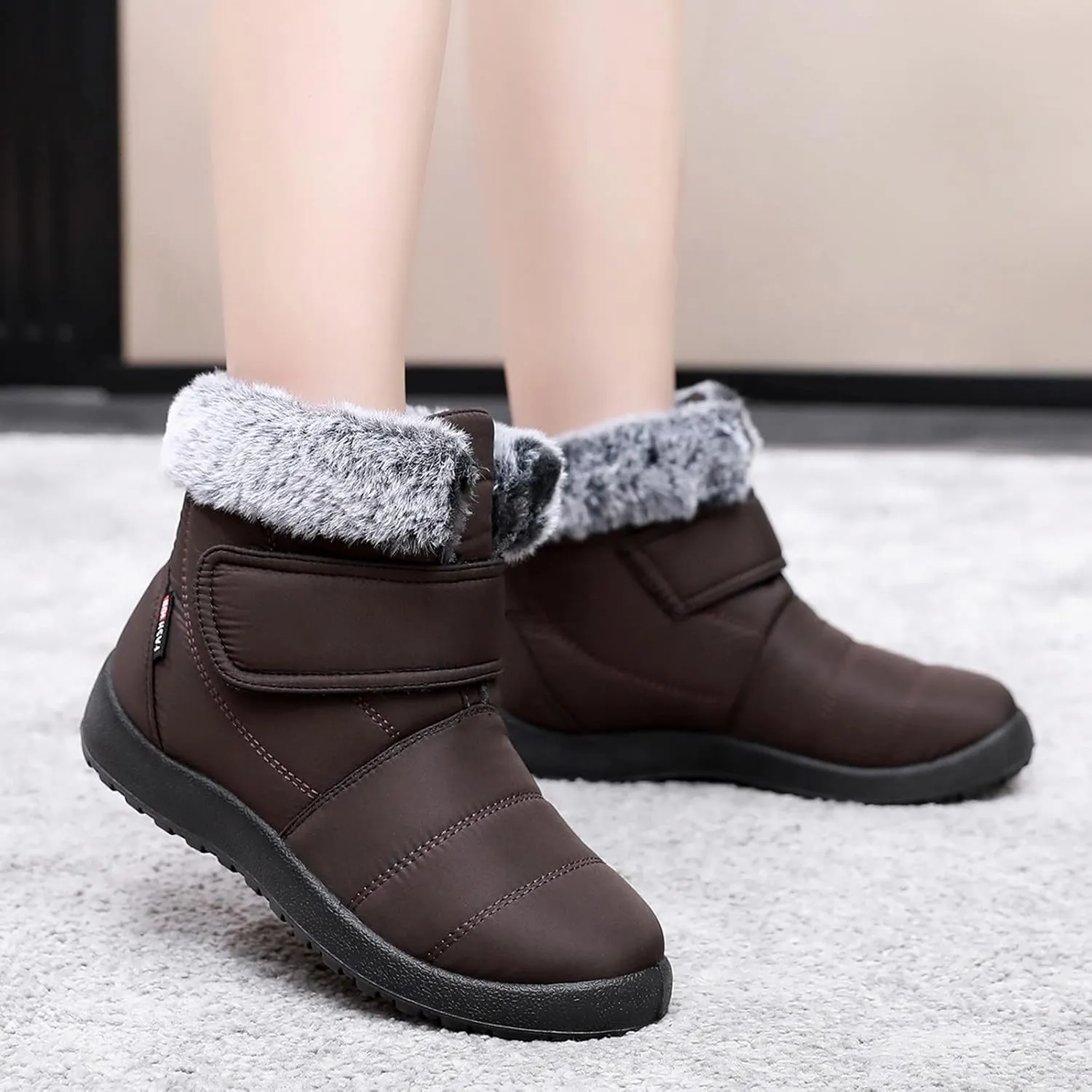 Womens Snow Boots Warm Fleece Lined Winter Boots Comfortable Slip On Outdoor Shoes for Women Round Toe Hook Loop Flat Boots Water-proof Booties Anti-Slip Walking Shoes Mid-Calf Boots