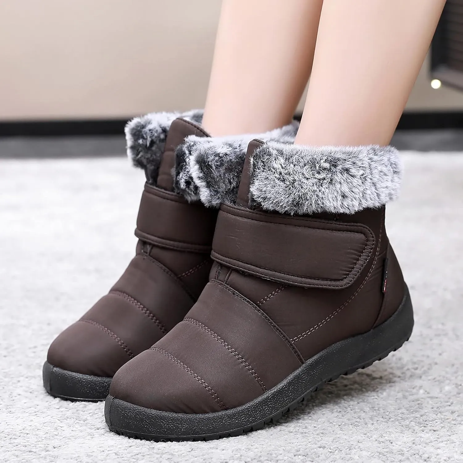 Womens Snow Boots Warm Fleece Lined Winter Boots Comfortable Slip On Outdoor Shoes for Women Round Toe Hook Loop Flat Boots Water-proof Booties Anti-Slip Walking Shoes Mid-Calf Boots