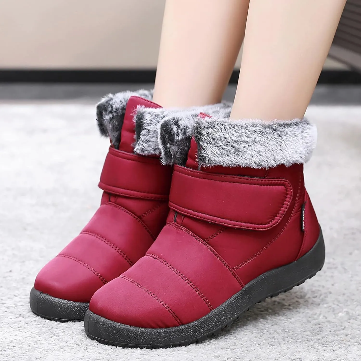 Womens Snow Boots Warm Fleece Lined Winter Boots Comfortable Slip On Outdoor Shoes for Women Round Toe Hook Loop Flat Boots Water-proof Booties Anti-Slip Walking Shoes Mid-Calf Boots