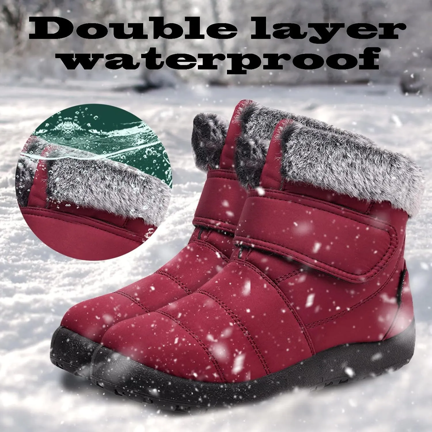 Womens Snow Boots Warm Fleece Lined Winter Boots Comfortable Slip On Outdoor Shoes for Women Round Toe Hook Loop Flat Boots Water-proof Booties Anti-Slip Walking Shoes Mid-Calf Boots