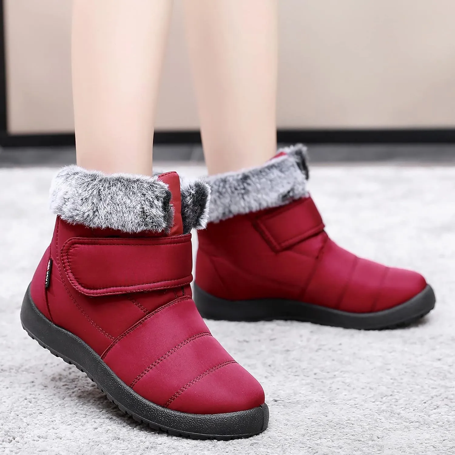 Womens Snow Boots Warm Fleece Lined Winter Boots Comfortable Slip On Outdoor Shoes for Women Round Toe Hook Loop Flat Boots Water-proof Booties Anti-Slip Walking Shoes Mid-Calf Boots