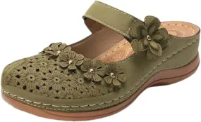 Womens Summer Slipper:2025 Leather Casual Comfort Mules Outdoor Beach Sandals with Arch Support Vintage Slip Wedge Flowers Sandals 2025