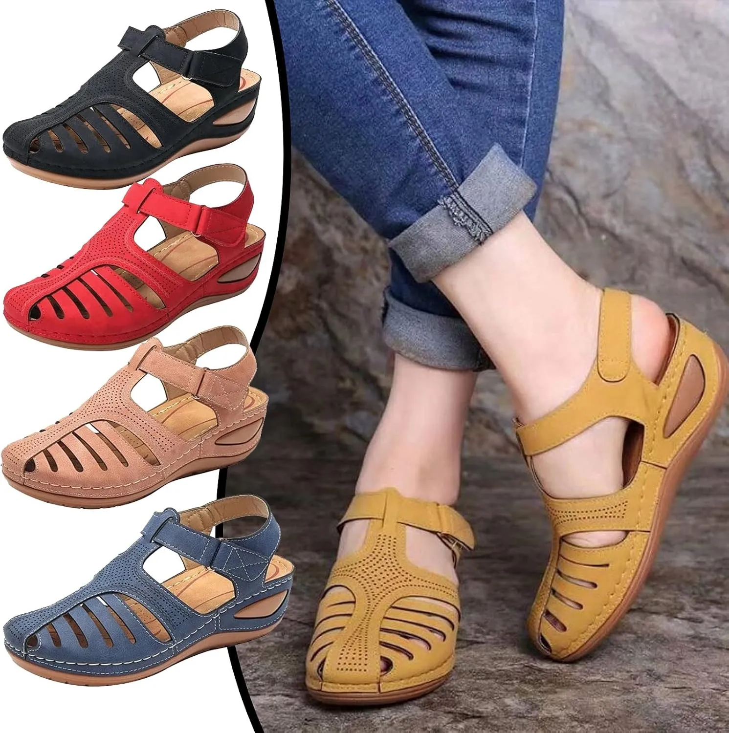Womens Vintage Hollow Wedge Sandals Summer Casual Closed Toe Soft PU Leather Hook and Loop Non-Slip Platform Sandals Lightweight Comfy Beach Shoes