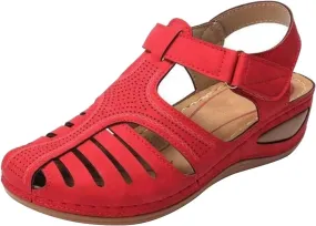 Womens Vintage Hollow Wedge Sandals Summer Casual Closed Toe Soft PU Leather Hook and Loop Non-Slip Platform Sandals Lightweight Comfy Beach Shoes