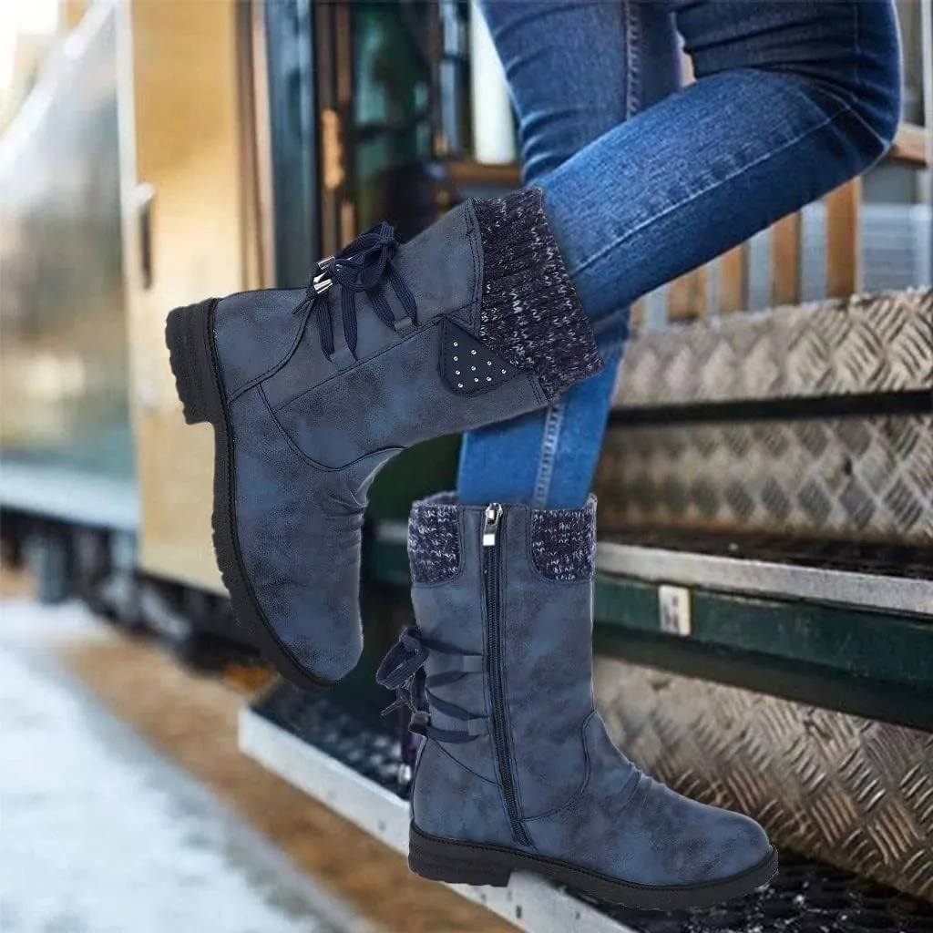 Womens Winter Snow Boots - Casual Hiking Boots For Women Outdoor Snow Mid Calf Boots Lightweight Lace up Fur Lined Walking Shoes Fashion Side Zipper Dressy Booties Slip On Riding Boots