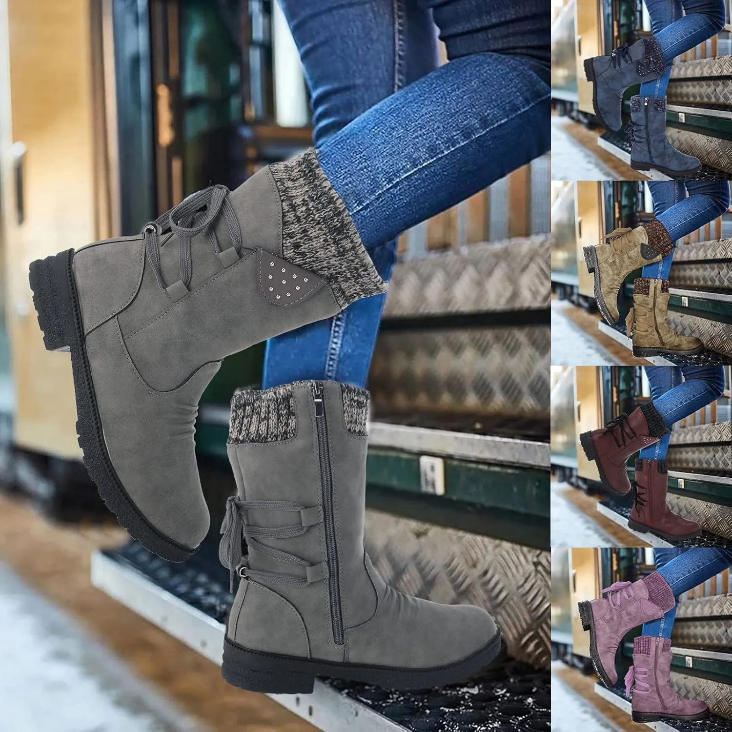 Womens Winter Snow Boots - Casual Hiking Boots For Women Outdoor Snow Mid Calf Boots Lightweight Lace up Fur Lined Walking Shoes Fashion Side Zipper Dressy Booties Slip On Riding Boots