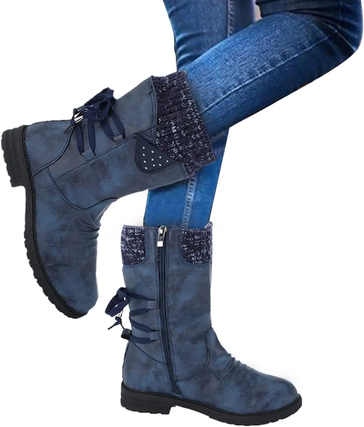 Womens Winter Snow Boots - Casual Hiking Boots For Women Outdoor Snow Mid Calf Boots Lightweight Lace up Fur Lined Walking Shoes Fashion Side Zipper Dressy Booties Slip On Riding Boots