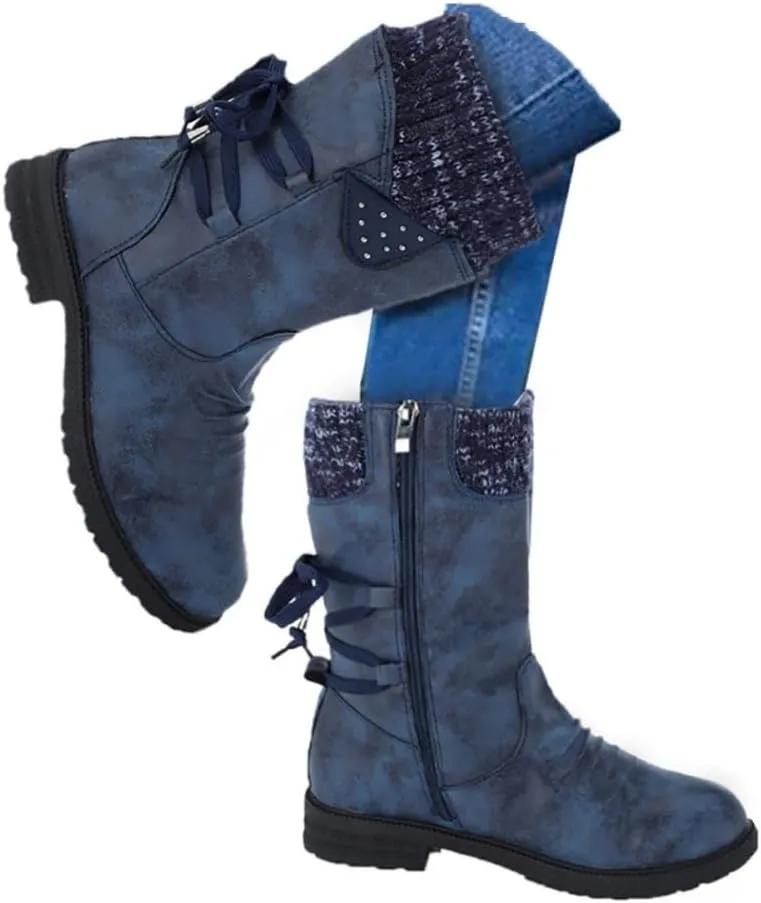 Womens Winter Snow Boots - Casual Hiking Boots For Women Outdoor Snow Mid Calf Boots Lightweight Lace up Fur Lined Walking Shoes Fashion Side Zipper Dressy Booties Slip On Riding Boots