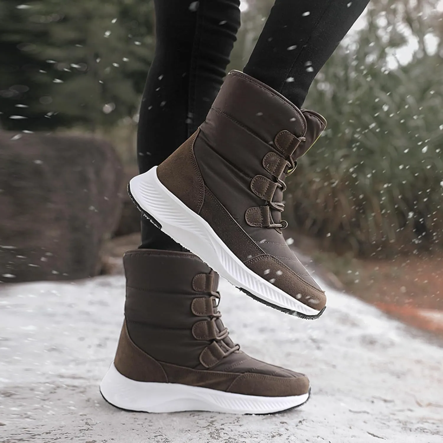 Women's Winter Snow Boots Warm Fleece Lined Insulated Cold-Weather Boots Non-Slip Water-proof Outdoor Boots Lace-Up Mid Calf Booties Comfortable Walking Hiking Shoes Thick Bottom Soft