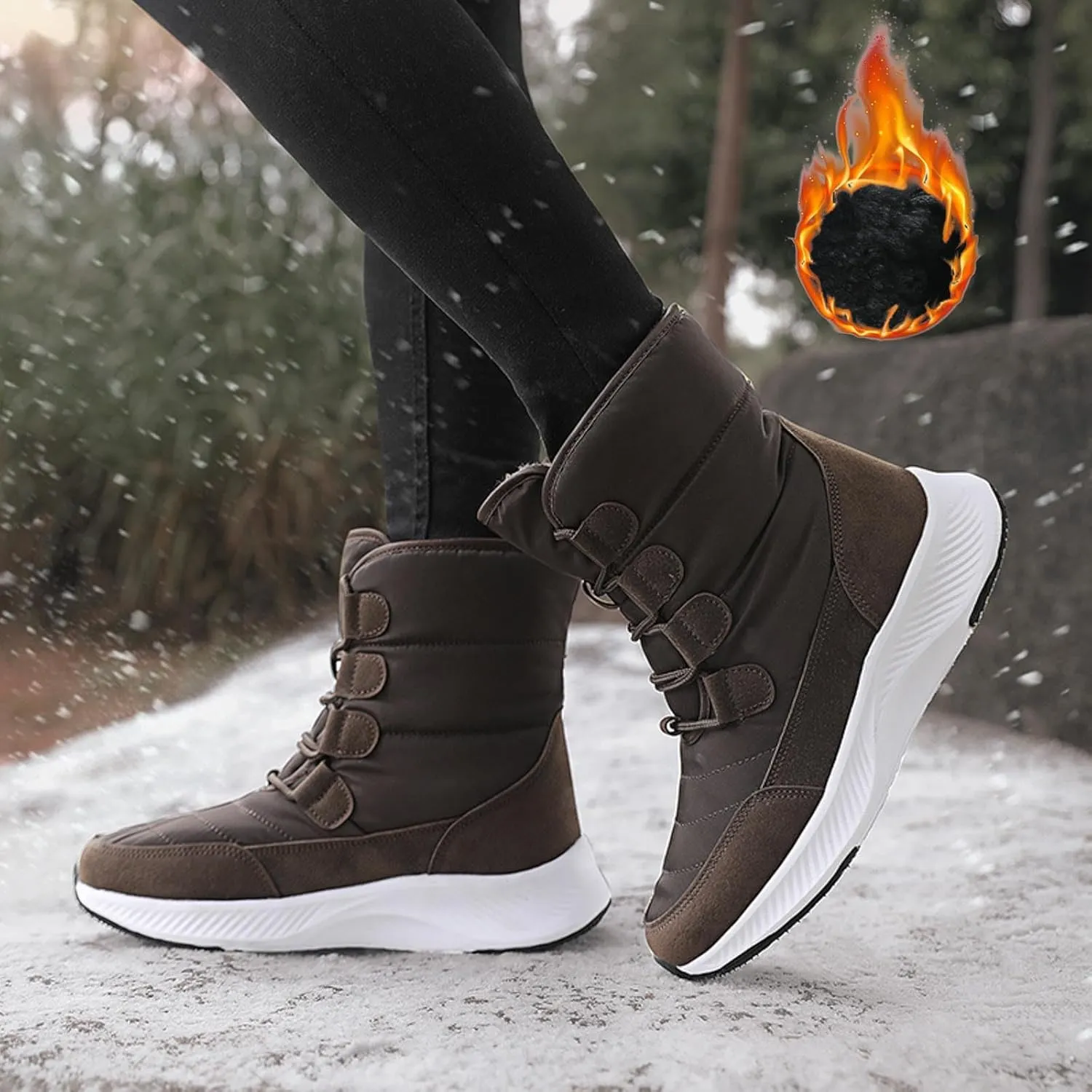 Women's Winter Snow Boots Warm Fleece Lined Insulated Cold-Weather Boots Non-Slip Water-proof Outdoor Boots Lace-Up Mid Calf Booties Comfortable Walking Hiking Shoes Thick Bottom Soft