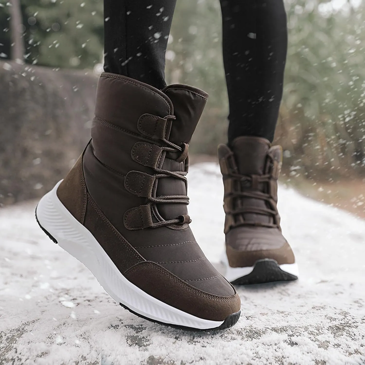 Women's Winter Snow Boots Warm Fleece Lined Insulated Cold-Weather Boots Non-Slip Water-proof Outdoor Boots Lace-Up Mid Calf Booties Comfortable Walking Hiking Shoes Thick Bottom Soft