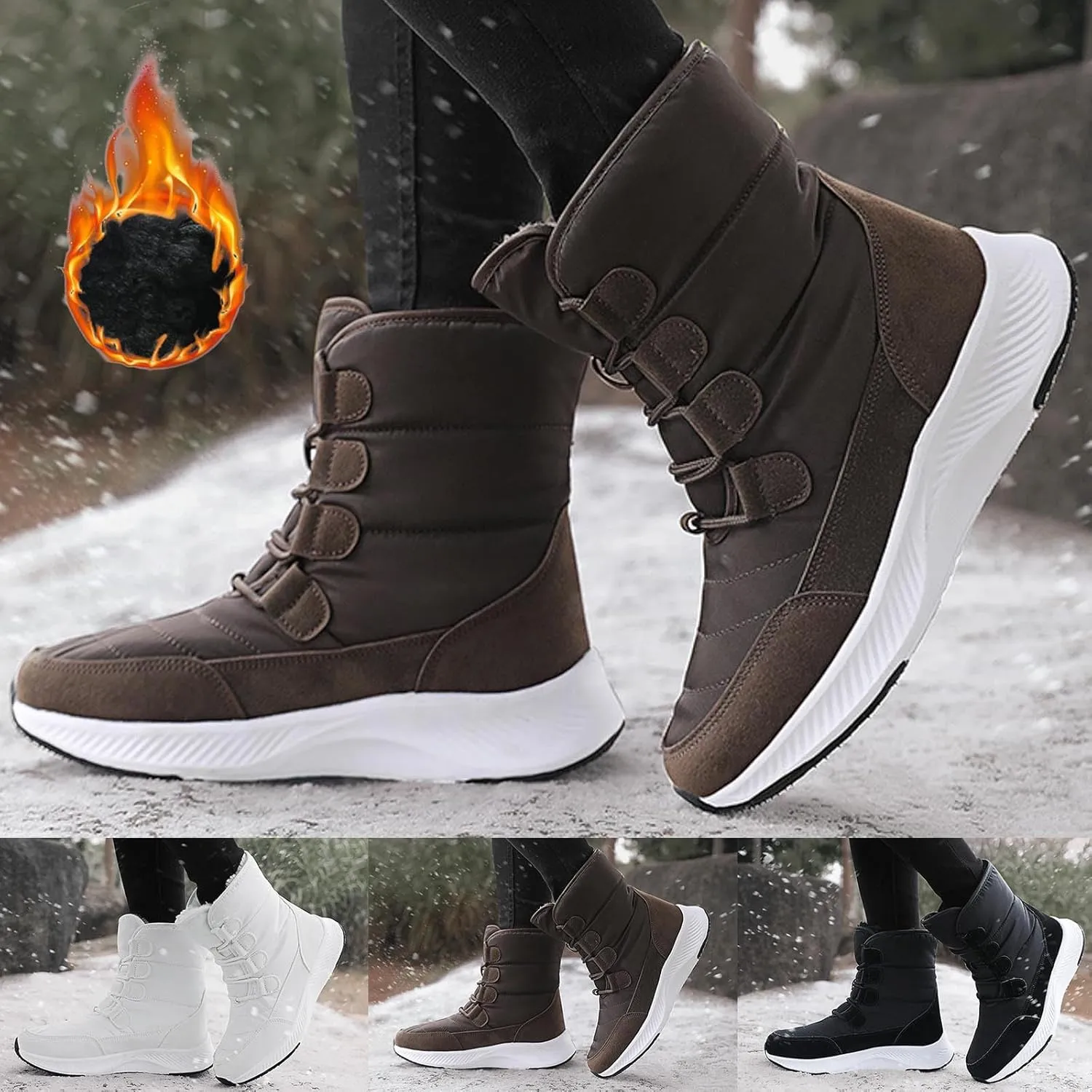 Women's Winter Snow Boots Warm Fleece Lined Insulated Cold-Weather Boots Non-Slip Water-proof Outdoor Boots Lace-Up Mid Calf Booties Comfortable Walking Hiking Shoes Thick Bottom Soft