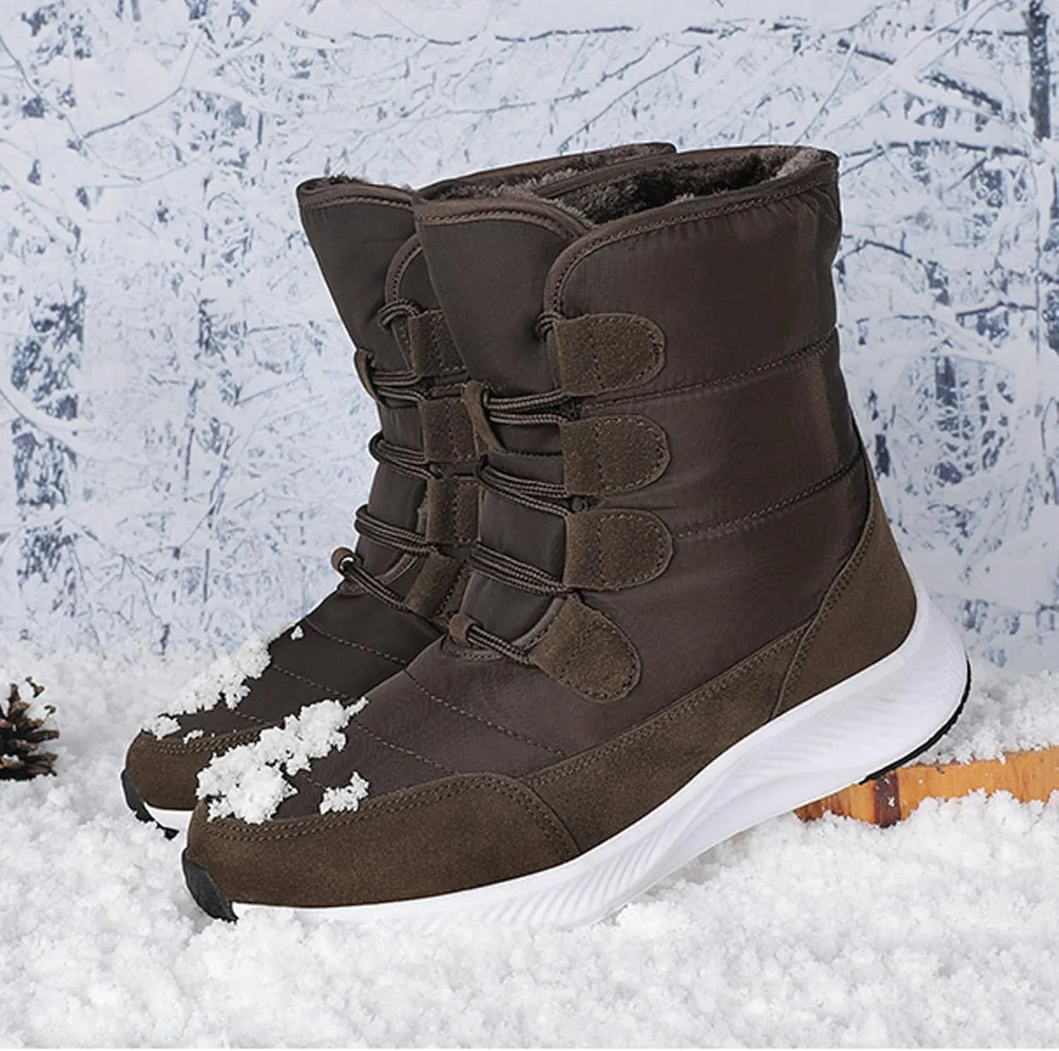 Women's Winter Snow Boots Warm Fleece Lined Insulated Cold-Weather Boots Non-Slip Water-proof Outdoor Boots Lace-Up Mid Calf Booties Comfortable Walking Hiking Shoes Thick Bottom Soft