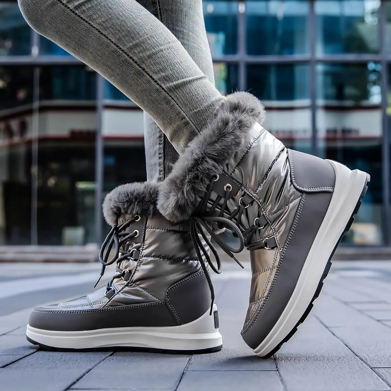 Women's Winter Snow Boots Waterproof Mid-Calf Booties Warm Faux Fur Lined Boots Anti-Slip Ankle Boots Walking Shoes