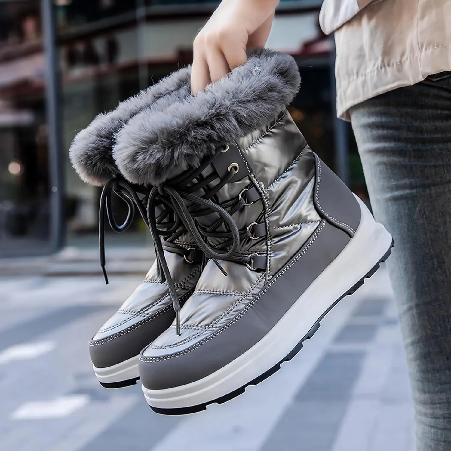 Women's Winter Snow Boots Waterproof Mid-Calf Booties Warm Faux Fur Lined Boots Anti-Slip Ankle Boots Walking Shoes