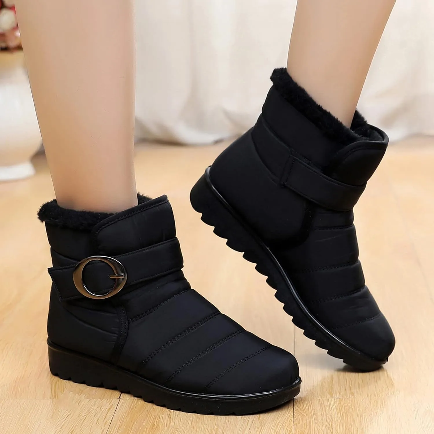 Womens Winter Snow Boots Waterproof Shoes Comfortable Booties Metal Buckle Ankle Booties Warm Lightweight Short Boots Ladies Non-Slip Outdoor Boots for Walking Hiking Tennis