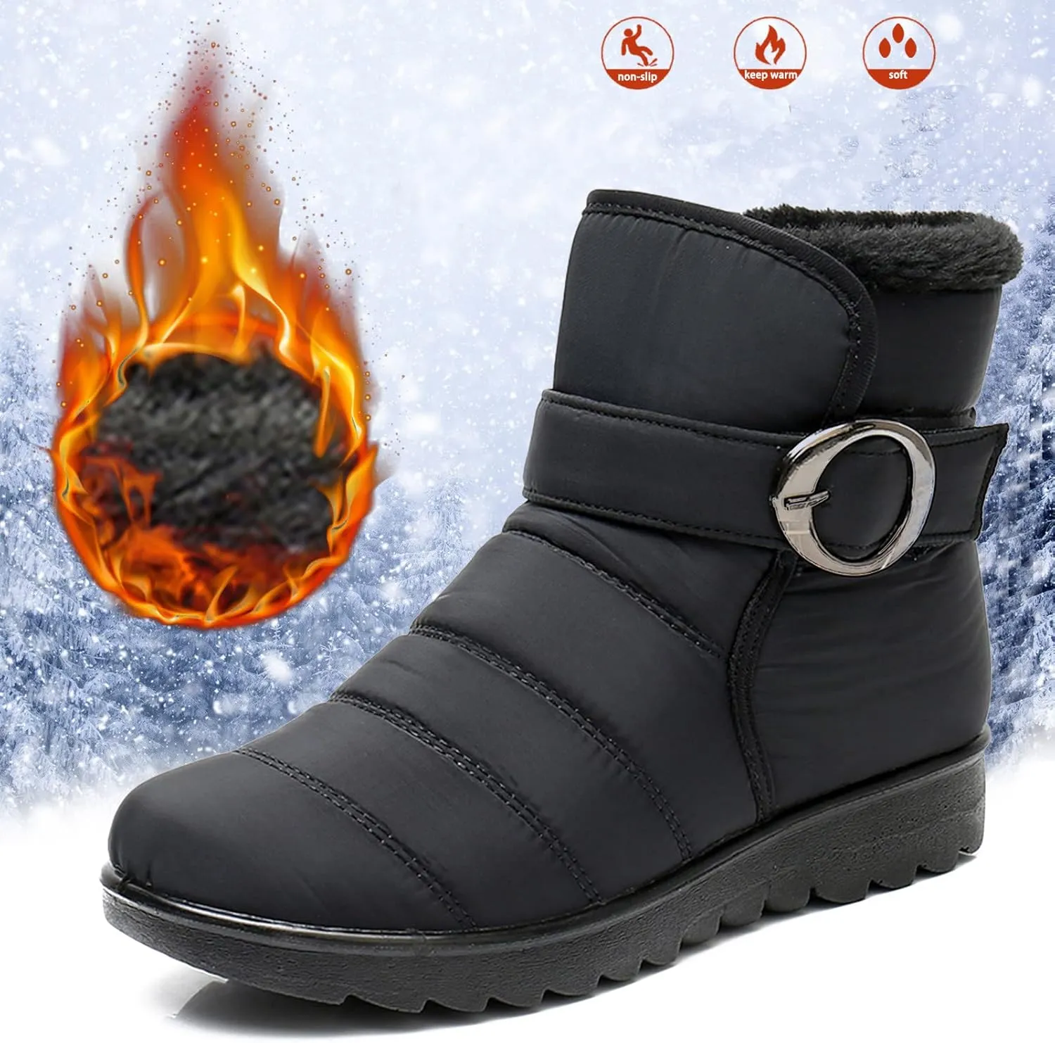 Womens Winter Snow Boots Waterproof Shoes Comfortable Booties Metal Buckle Ankle Booties Warm Lightweight Short Boots Ladies Non-Slip Outdoor Boots for Walking Hiking Tennis