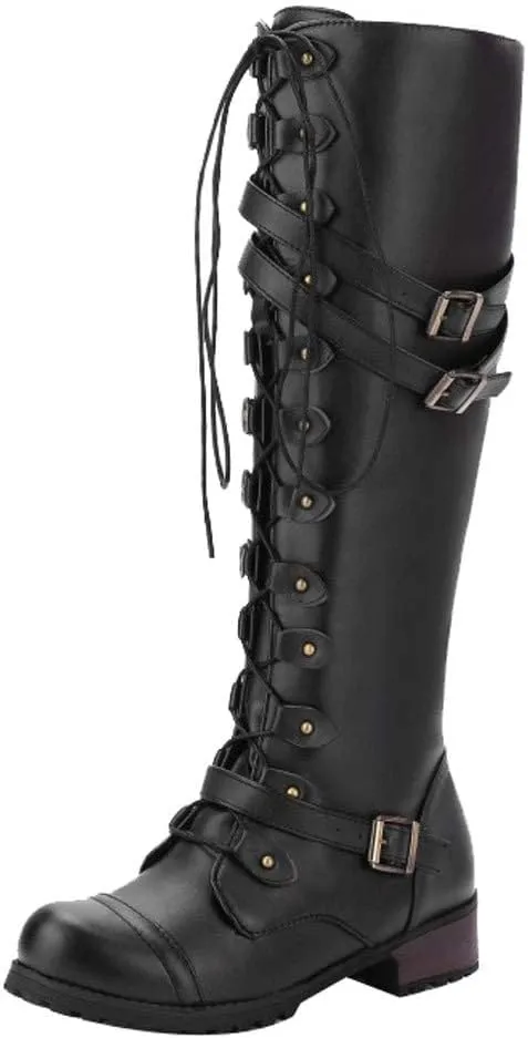 ZBYY Women's Knee High Boots Wide Calf Buckle Calf Boot Lace Up Side Zipper Chunky Stacked Mid Heel Riding Boots