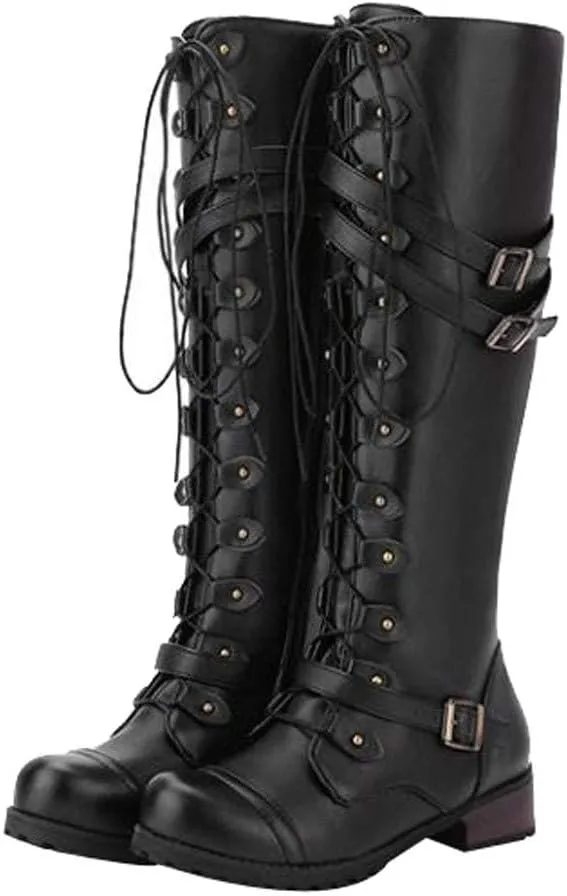 ZBYY Women's Knee High Boots Wide Calf Buckle Calf Boot Lace Up Side Zipper Chunky Stacked Mid Heel Riding Boots