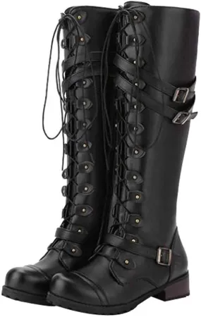 ZBYY Women's Knee High Boots Wide Calf Buckle Calf Boot Lace Up Side Zipper Chunky Stacked Mid Heel Riding Boots