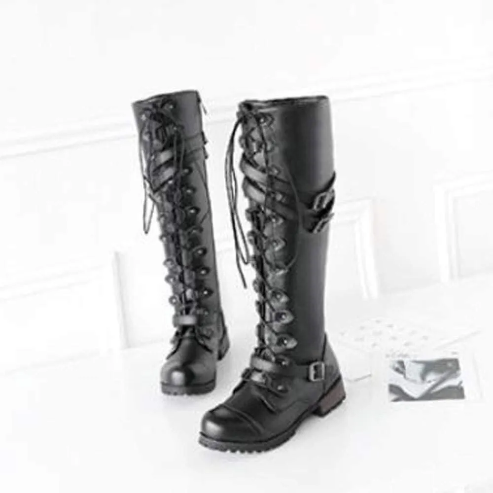 ZBYY Women's Knee High Boots Wide Calf Buckle Calf Boot Lace Up Side Zipper Chunky Stacked Mid Heel Riding Boots
