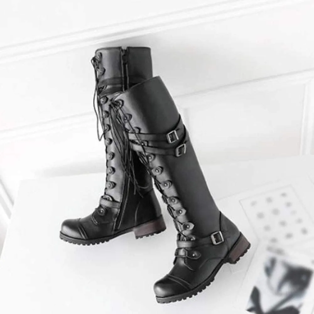 ZBYY Women's Knee High Boots Wide Calf Buckle Calf Boot Lace Up Side Zipper Chunky Stacked Mid Heel Riding Boots